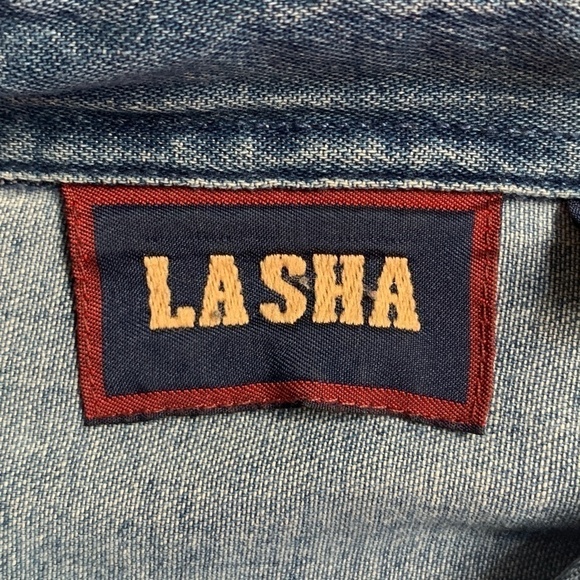 LASHA Button Up Shirt Western Blue Denim Handpainted Collar XL #57C - Picture 7 of 9